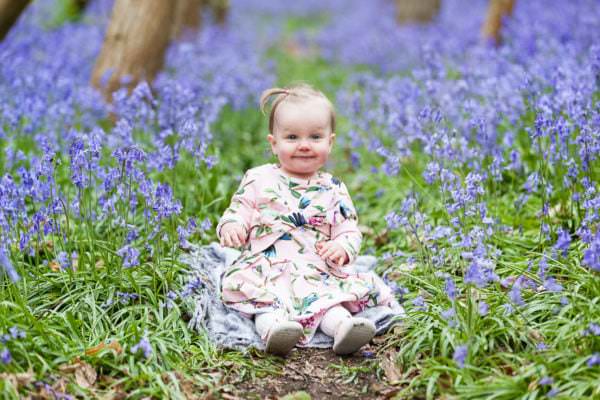 baby girl in ted baker dress sat in the bluebells at her Sevenoaks family bluebell shoot