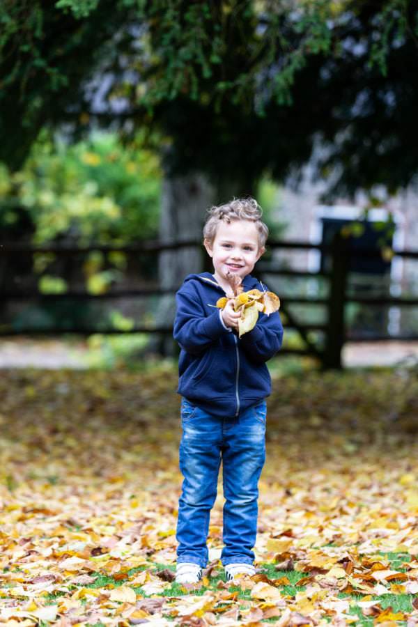 little boy holding a handful of autumn leaves and smiling at his Sevenoaks family photoshoot