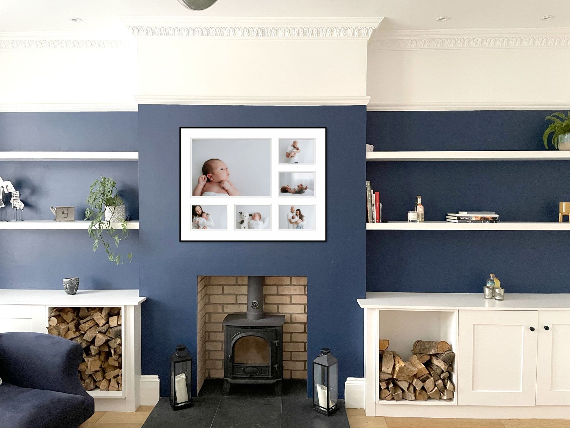 image of a fireplace with a multi aperture frame on the chimney breast of images taken at a kent newborn photoshoot in bexley
