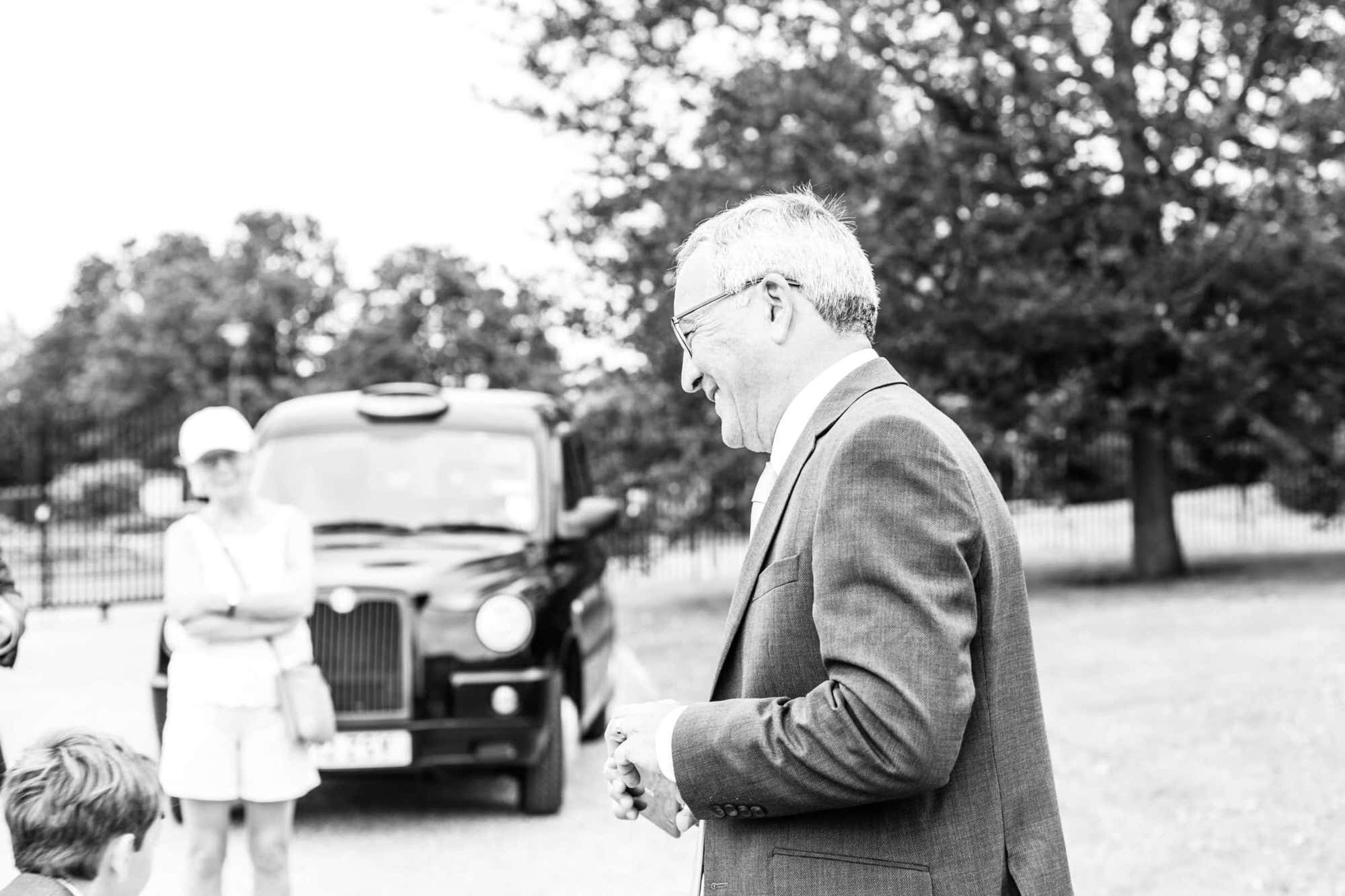 black and white shot of father of the bride shot at Kent micro wedding Danson House Bexleyheath