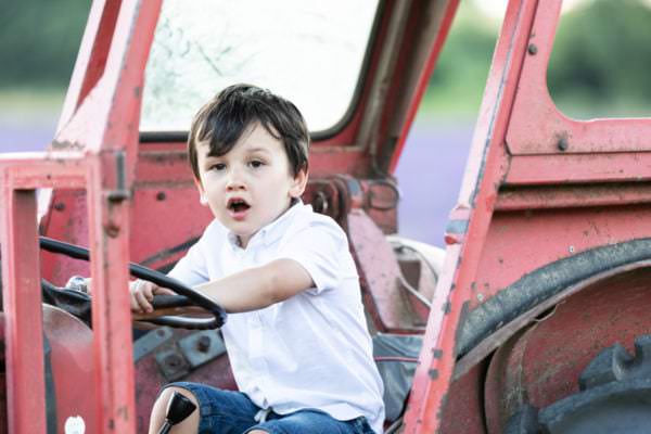 little boy in a tractor at his Kent Lavender photoshoot