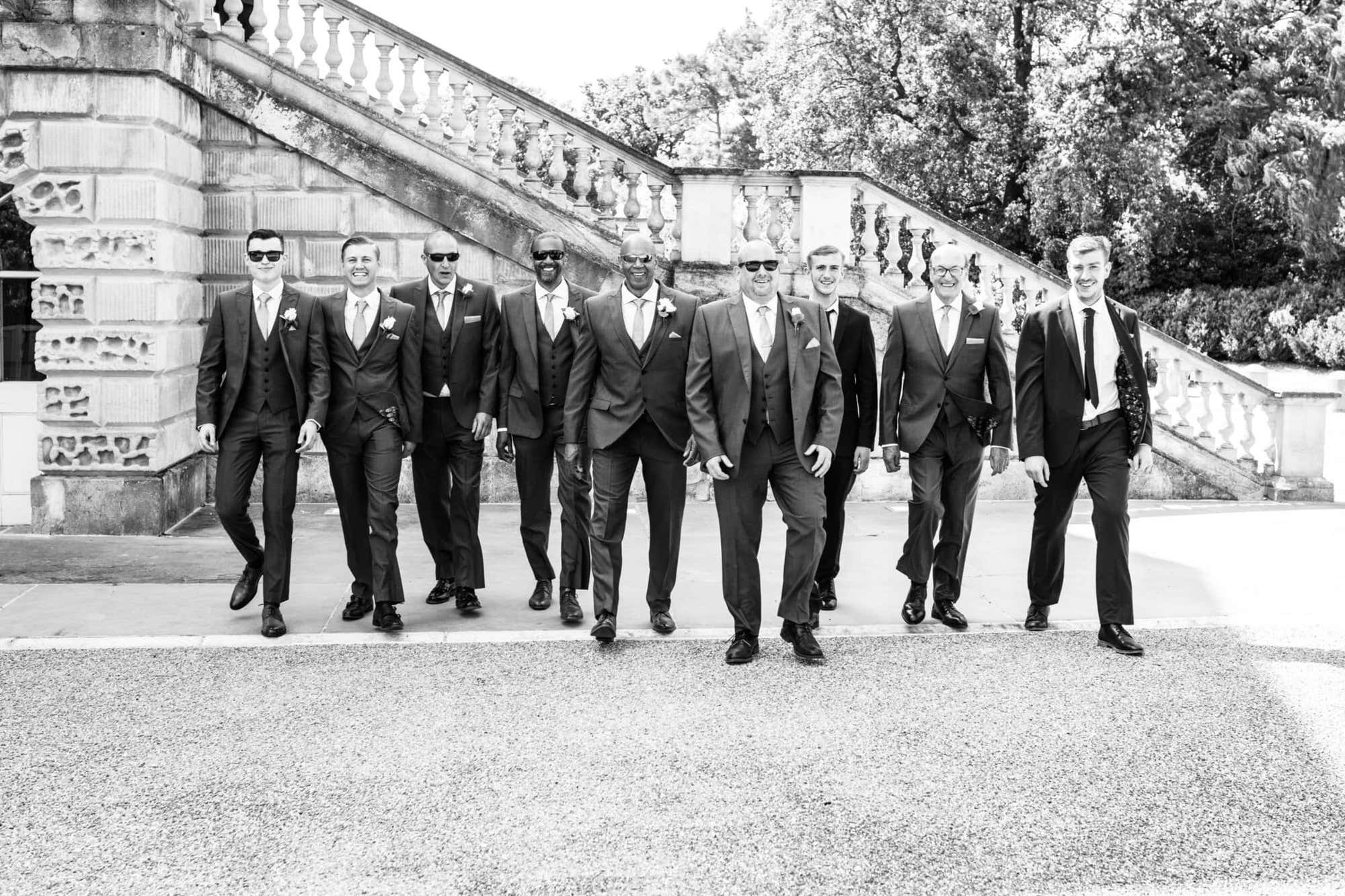 grooms party walking towards the camera at Danson House wedding Bexley