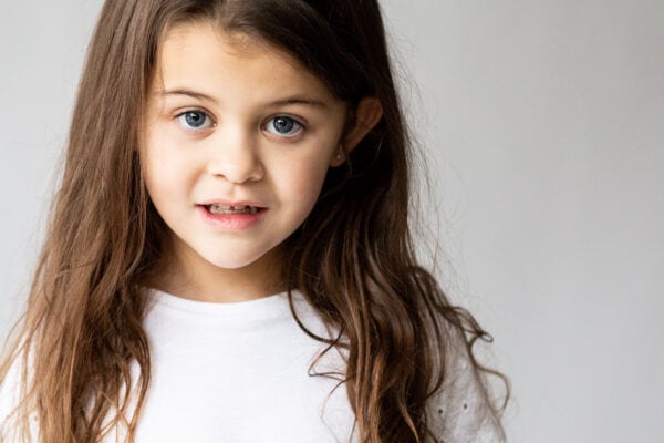 full face shot of little girl at her kent modelling portfolio updates shoot in Bexley